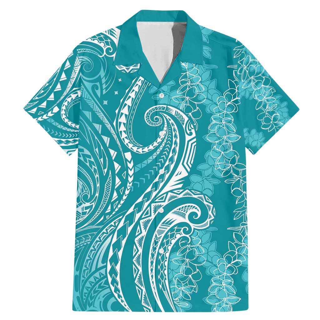Polynesia Plumeria Lei Family Matching Mermaid Dress and Hawaiian Shirt Teal Curves Motif