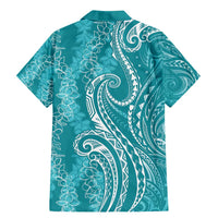 Polynesia Plumeria Lei Family Matching Mermaid Dress and Hawaiian Shirt Teal Curves Motif