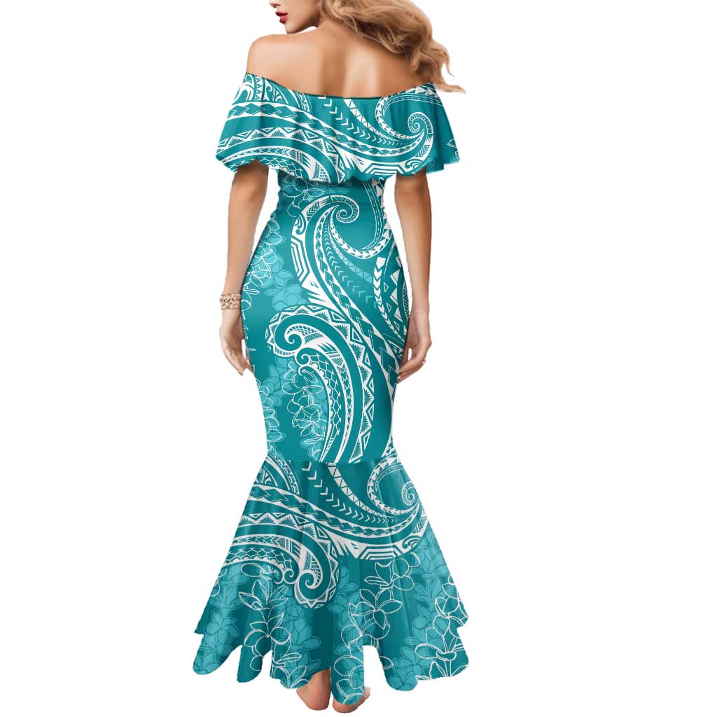 Polynesia Plumeria Lei Family Matching Mermaid Dress and Hawaiian Shirt Teal Curves Motif