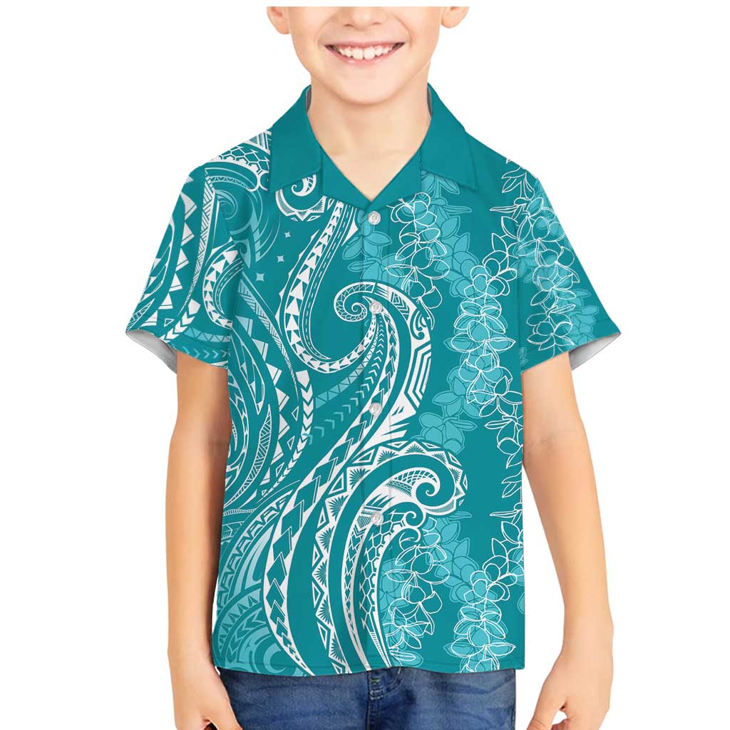 Polynesia Plumeria Lei Family Matching Mermaid Dress and Hawaiian Shirt Teal Curves Motif