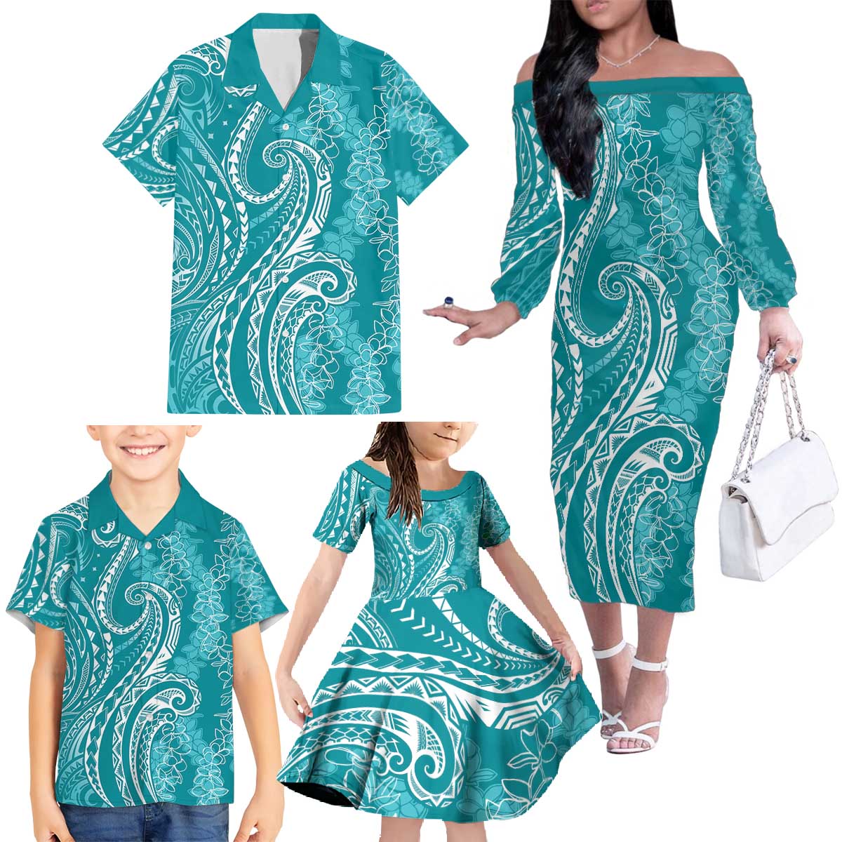 Polynesia Plumeria Lei Family Matching Off The Shoulder Long Sleeve Dress and Hawaiian Shirt Teal Curves Motif