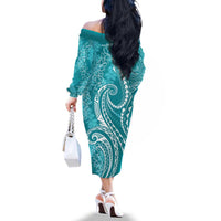 Polynesia Plumeria Lei Family Matching Off The Shoulder Long Sleeve Dress and Hawaiian Shirt Teal Curves Motif
