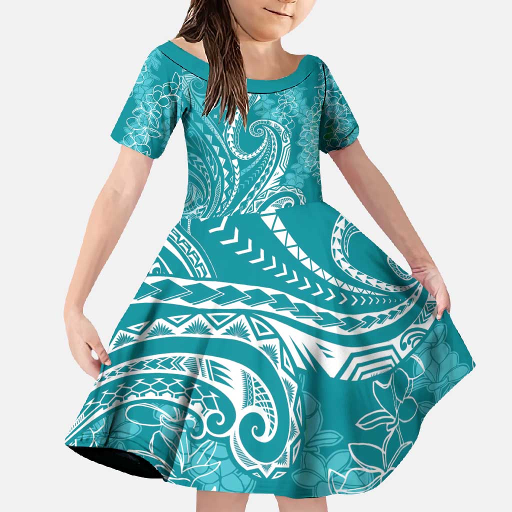 Polynesia Plumeria Lei Family Matching Off Shoulder Maxi Dress and Hawaiian Shirt Teal Curves Motif