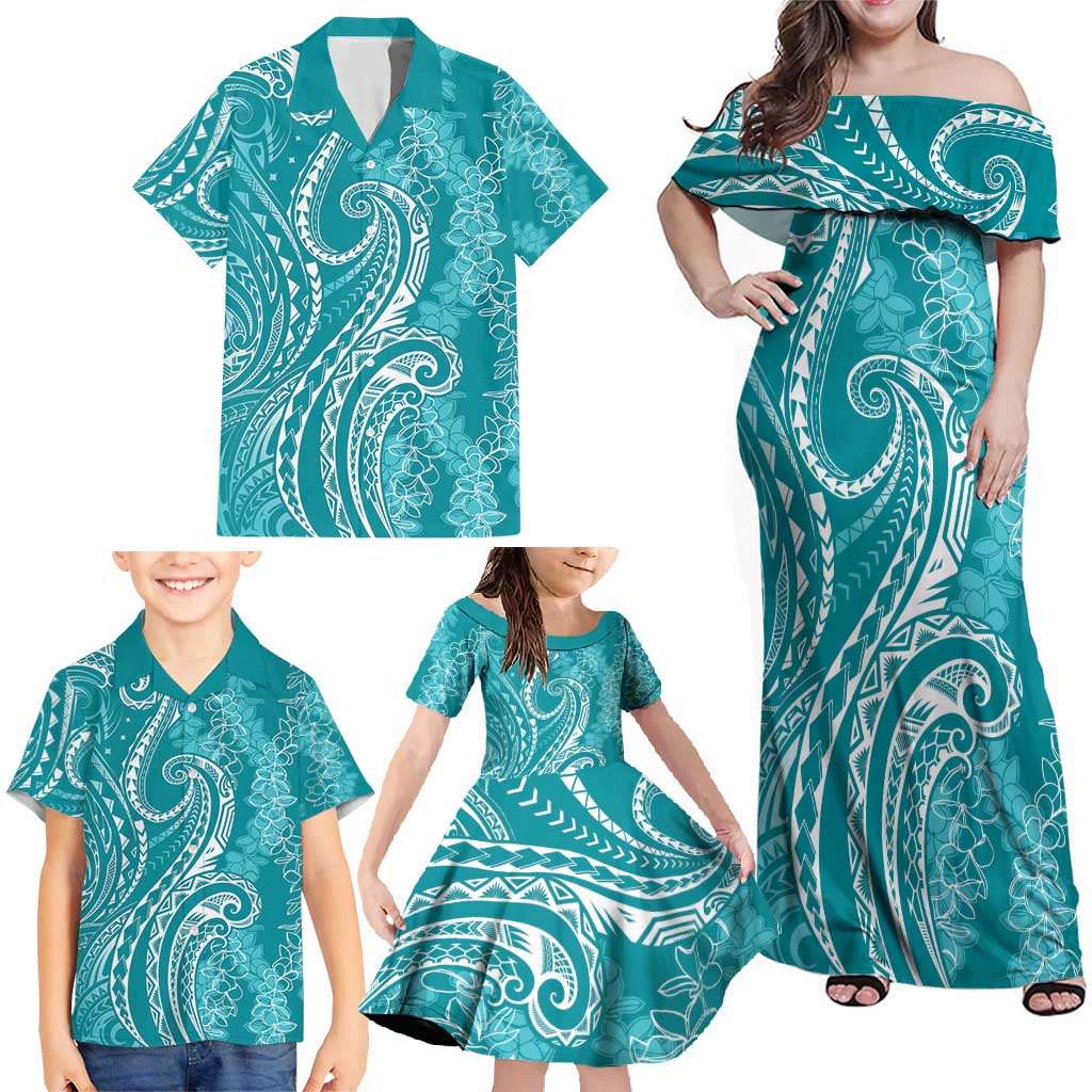 Polynesia Plumeria Lei Family Matching Off Shoulder Maxi Dress and Hawaiian Shirt Teal Curves Motif