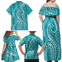 Polynesia Plumeria Lei Family Matching Off Shoulder Maxi Dress and Hawaiian Shirt Teal Curves Motif