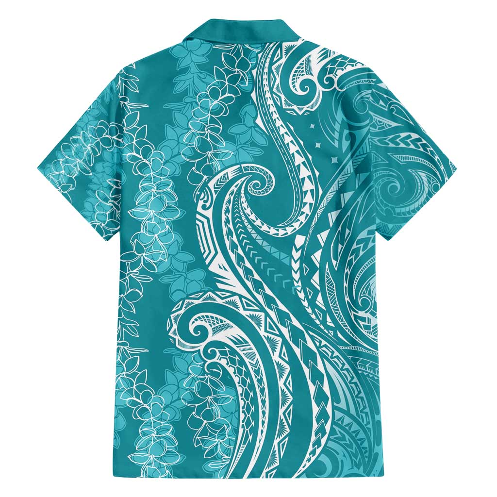 Polynesia Plumeria Lei Family Matching Off Shoulder Maxi Dress and Hawaiian Shirt Teal Curves Motif