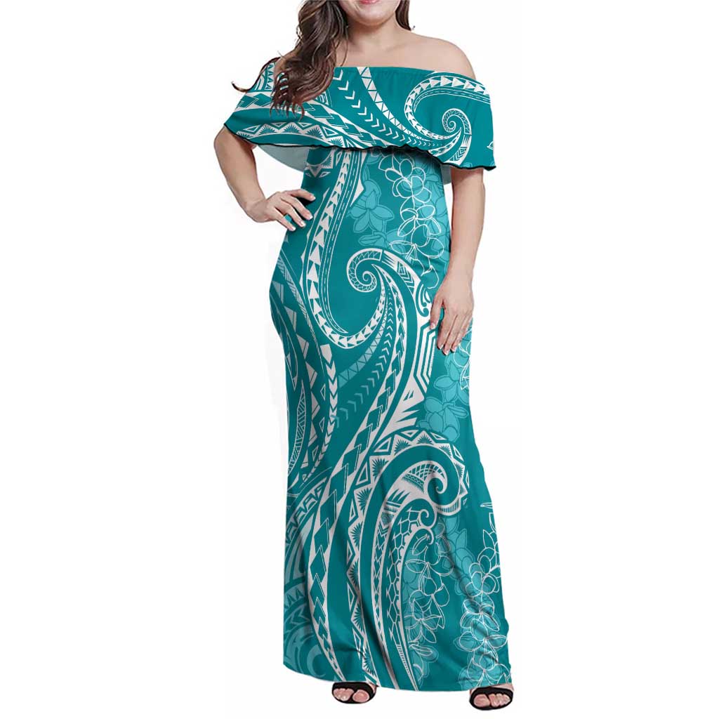 Polynesia Plumeria Lei Family Matching Off Shoulder Maxi Dress and Hawaiian Shirt Teal Curves Motif
