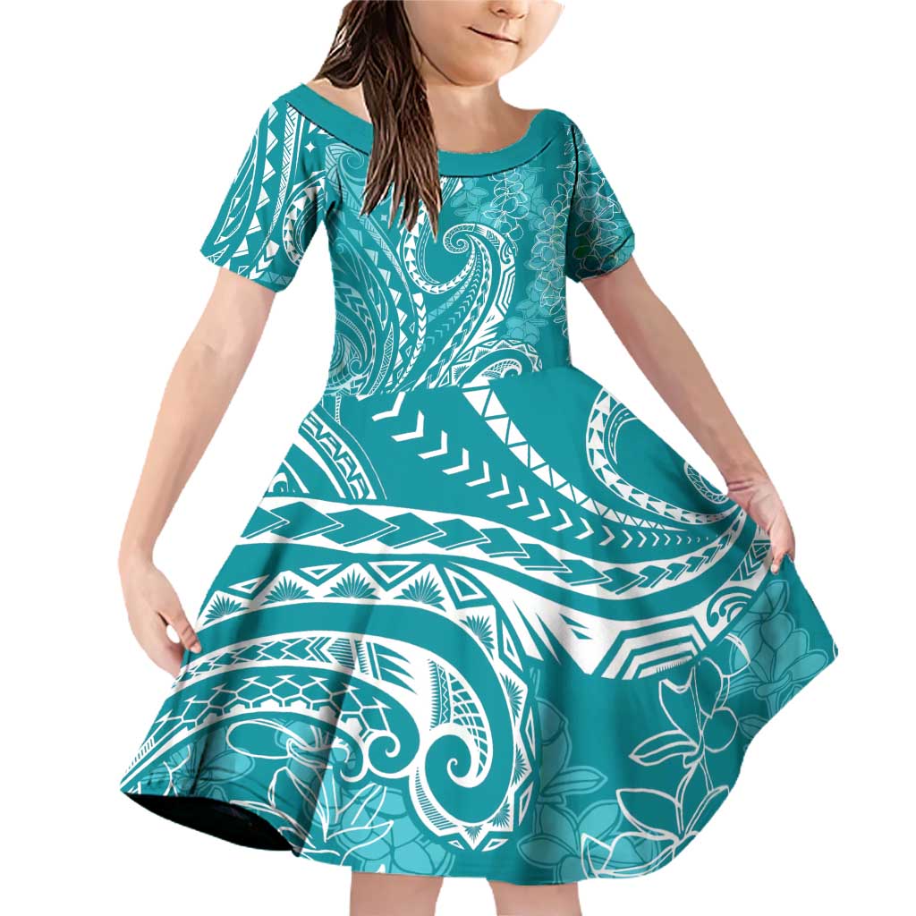 Polynesia Plumeria Lei Family Matching Off Shoulder Short Dress and Hawaiian Shirt Teal Curves Motif