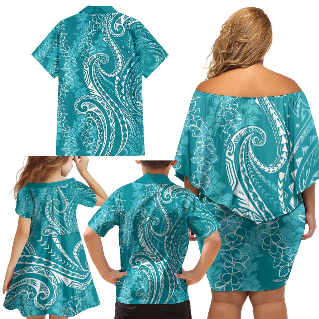Polynesia Plumeria Lei Family Matching Off Shoulder Short Dress and Hawaiian Shirt Teal Curves Motif