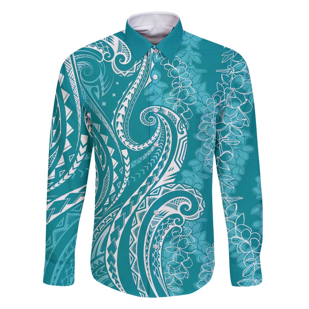 Polynesia Plumeria Lei Family Matching Off Shoulder Short Dress and Hawaiian Shirt Teal Curves Motif