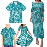 Polynesia Plumeria Lei Family Matching Puletasi and Hawaiian Shirt Teal Curves Motif