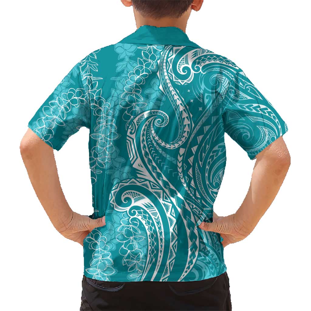 Polynesia Plumeria Lei Family Matching Short Sleeve Bodycon Dress and Hawaiian Shirt Teal Curves Motif