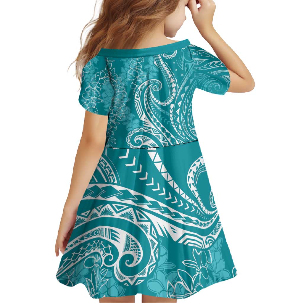 Polynesia Plumeria Lei Family Matching Short Sleeve Bodycon Dress and Hawaiian Shirt Teal Curves Motif