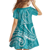 Polynesia Plumeria Lei Family Matching Short Sleeve Bodycon Dress and Hawaiian Shirt Teal Curves Motif