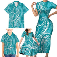 Polynesia Plumeria Lei Family Matching Short Sleeve Bodycon Dress and Hawaiian Shirt Teal Curves Motif