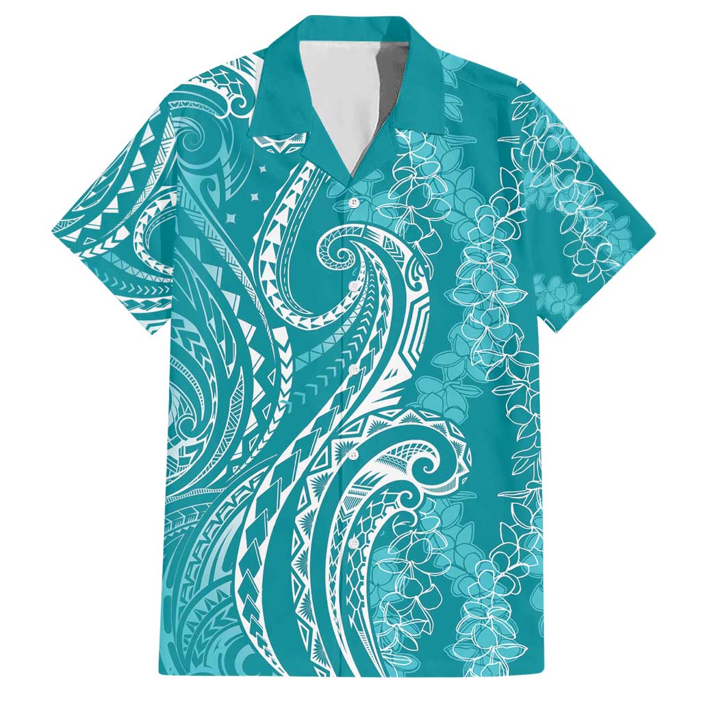 Polynesia Plumeria Lei Family Matching Short Sleeve Bodycon Dress and Hawaiian Shirt Teal Curves Motif