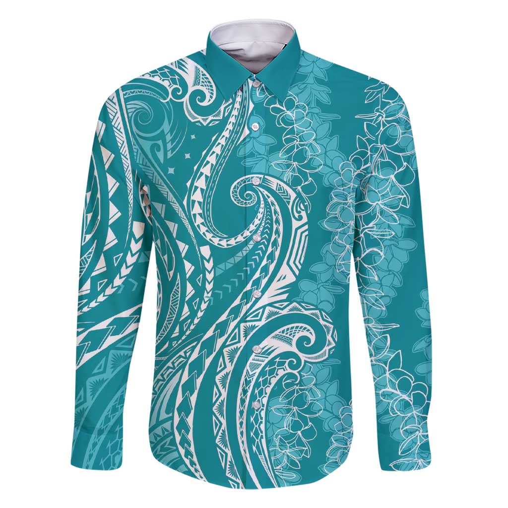 Polynesia Plumeria Lei Family Matching Short Sleeve Bodycon Dress and Hawaiian Shirt Teal Curves Motif