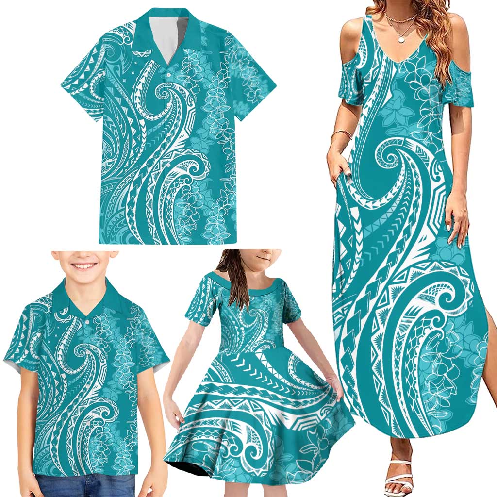 Polynesia Plumeria Lei Family Matching Summer Maxi Dress and Hawaiian Shirt Teal Curves Motif