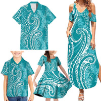 Polynesia Plumeria Lei Family Matching Summer Maxi Dress and Hawaiian Shirt Teal Curves Motif