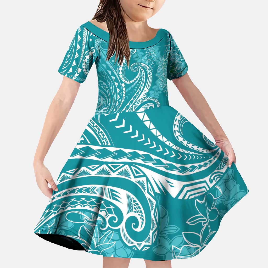 Polynesia Plumeria Lei Family Matching Tank Maxi Dress and Hawaiian Shirt Teal Curves Motif