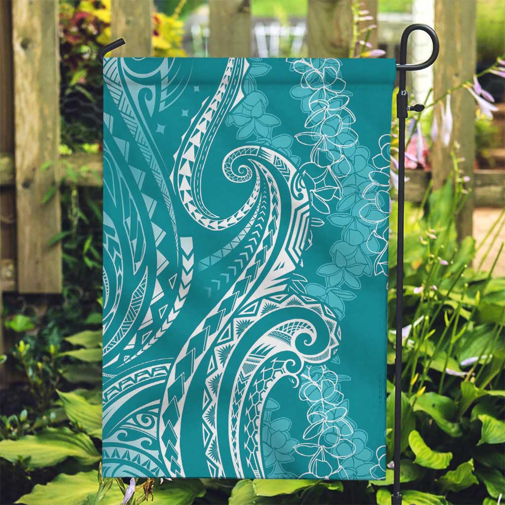 Polynesia Plumeria Lei Garden Flag Teal Curves Motif