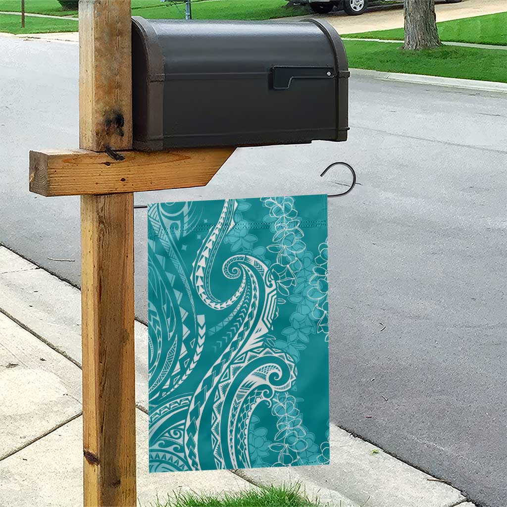 Polynesia Plumeria Lei Garden Flag Teal Curves Motif