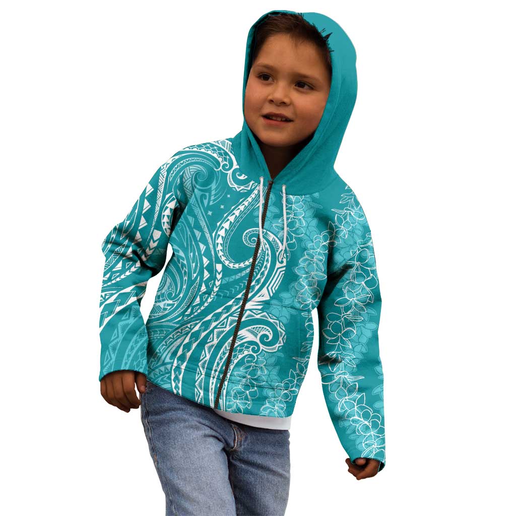 Polynesia Plumeria Lei Kid Hoodie Teal Curves Motif