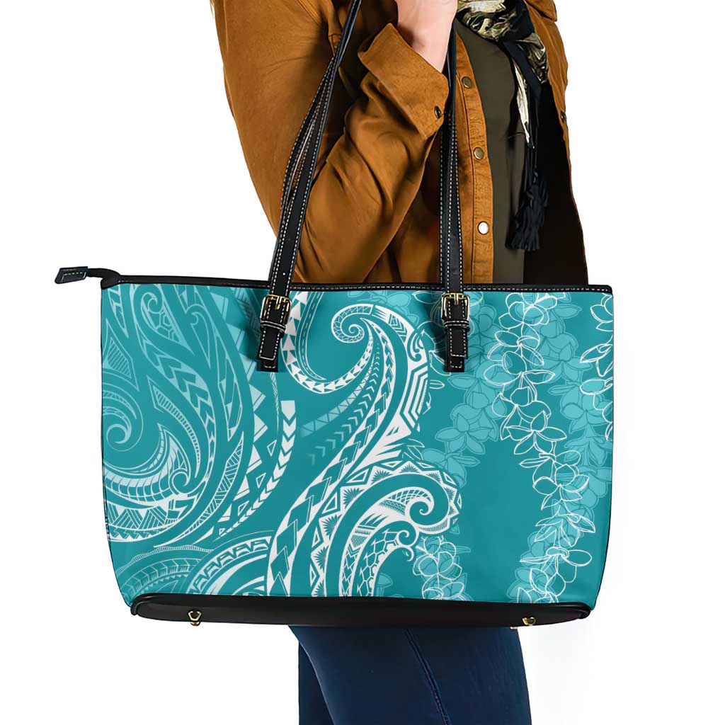 Polynesia Plumeria Lei Leather Tote Bag Teal Curves Motif LT7 - Polynesian Pride