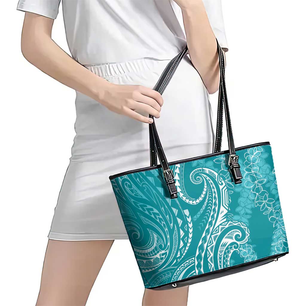 Polynesia Plumeria Lei Leather Tote Bag Teal Curves Motif LT7 - Polynesian Pride