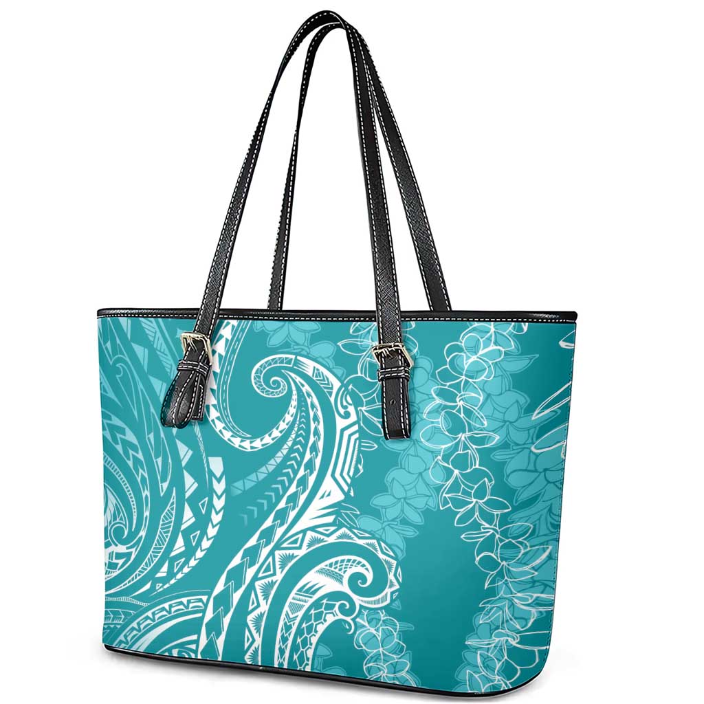 Polynesia Plumeria Lei Leather Tote Bag Teal Curves Motif LT7 - Polynesian Pride