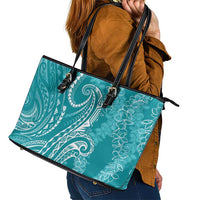 Polynesia Plumeria Lei Leather Tote Bag Teal Curves Motif LT7 - Polynesian Pride