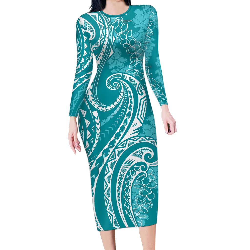 Polynesia Plumeria Lei Long Sleeve Bodycon Dress Teal Curves Motif