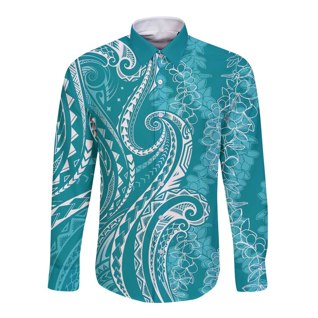 Polynesia Plumeria Lei Long Sleeve Button Shirt Teal Curves Motif