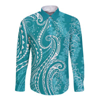 Polynesia Plumeria Lei Long Sleeve Button Shirt Teal Curves Motif