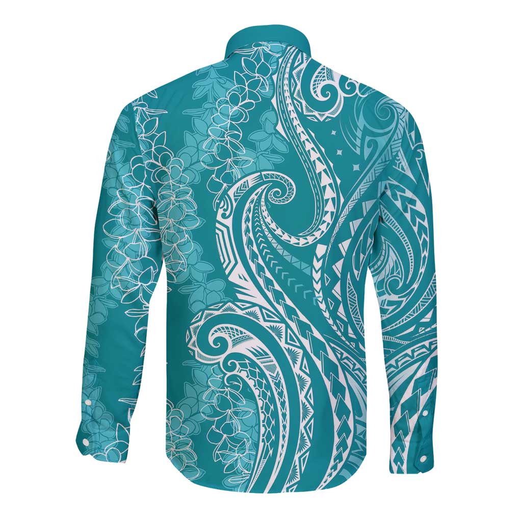 Polynesia Plumeria Lei Long Sleeve Button Shirt Teal Curves Motif