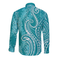 Polynesia Plumeria Lei Long Sleeve Button Shirt Teal Curves Motif