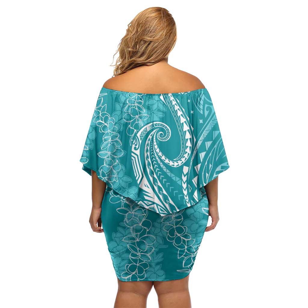 Polynesia Plumeria Lei Off Shoulder Short Dress Teal Curves Motif