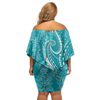 Polynesia Plumeria Lei Off Shoulder Short Dress Teal Curves Motif