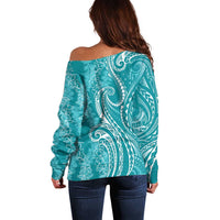Polynesia Plumeria Lei Off Shoulder Sweater Teal Curves Motif