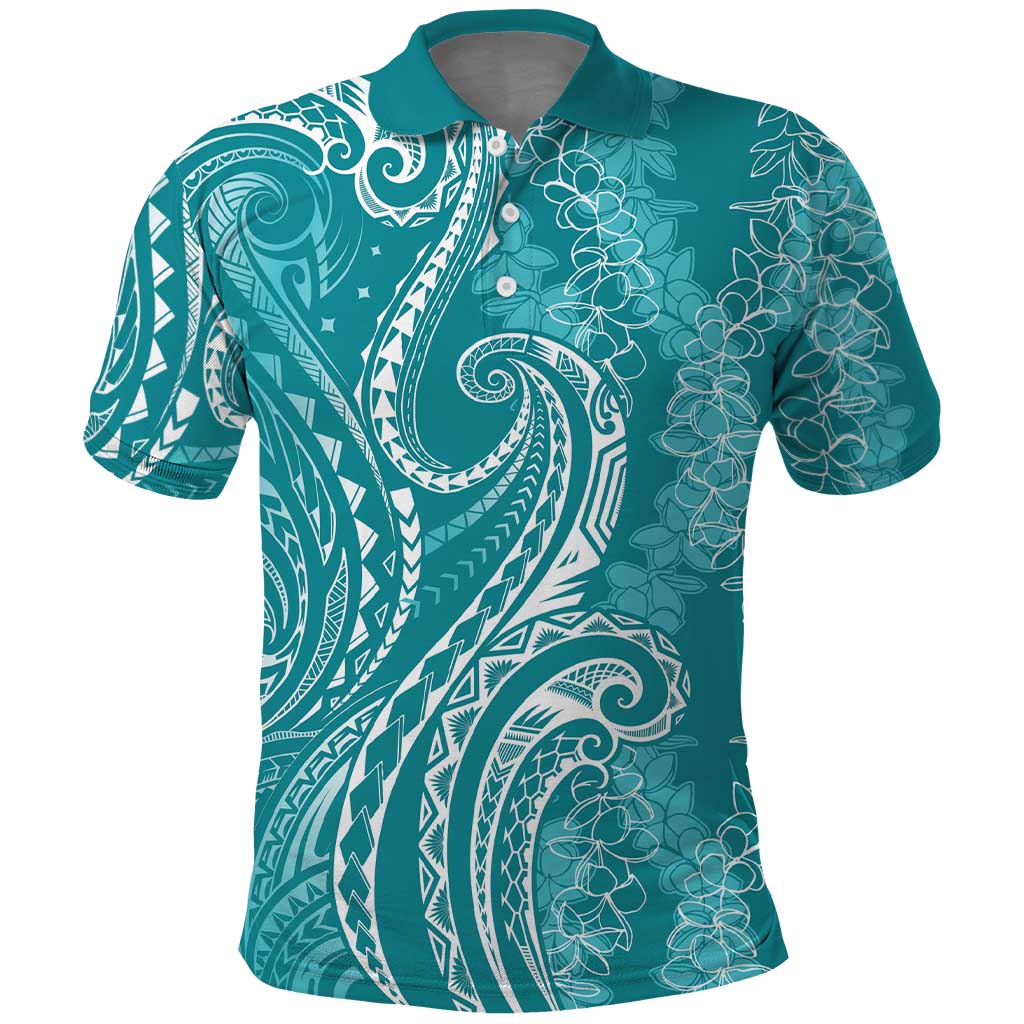 Polynesia Plumeria Lei Polo Shirt Teal Curves Motif