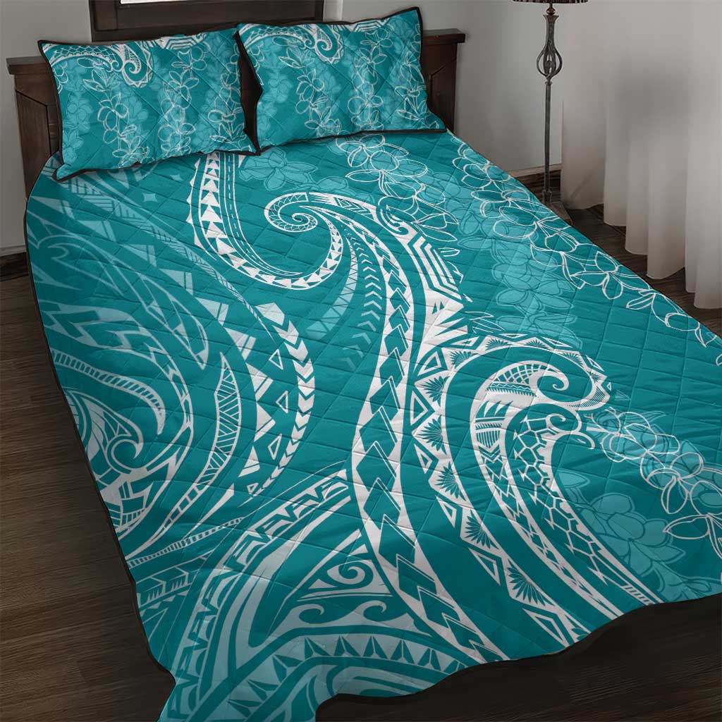 Polynesia Plumeria Lei Quilt Bed Set Teal Curves Motif