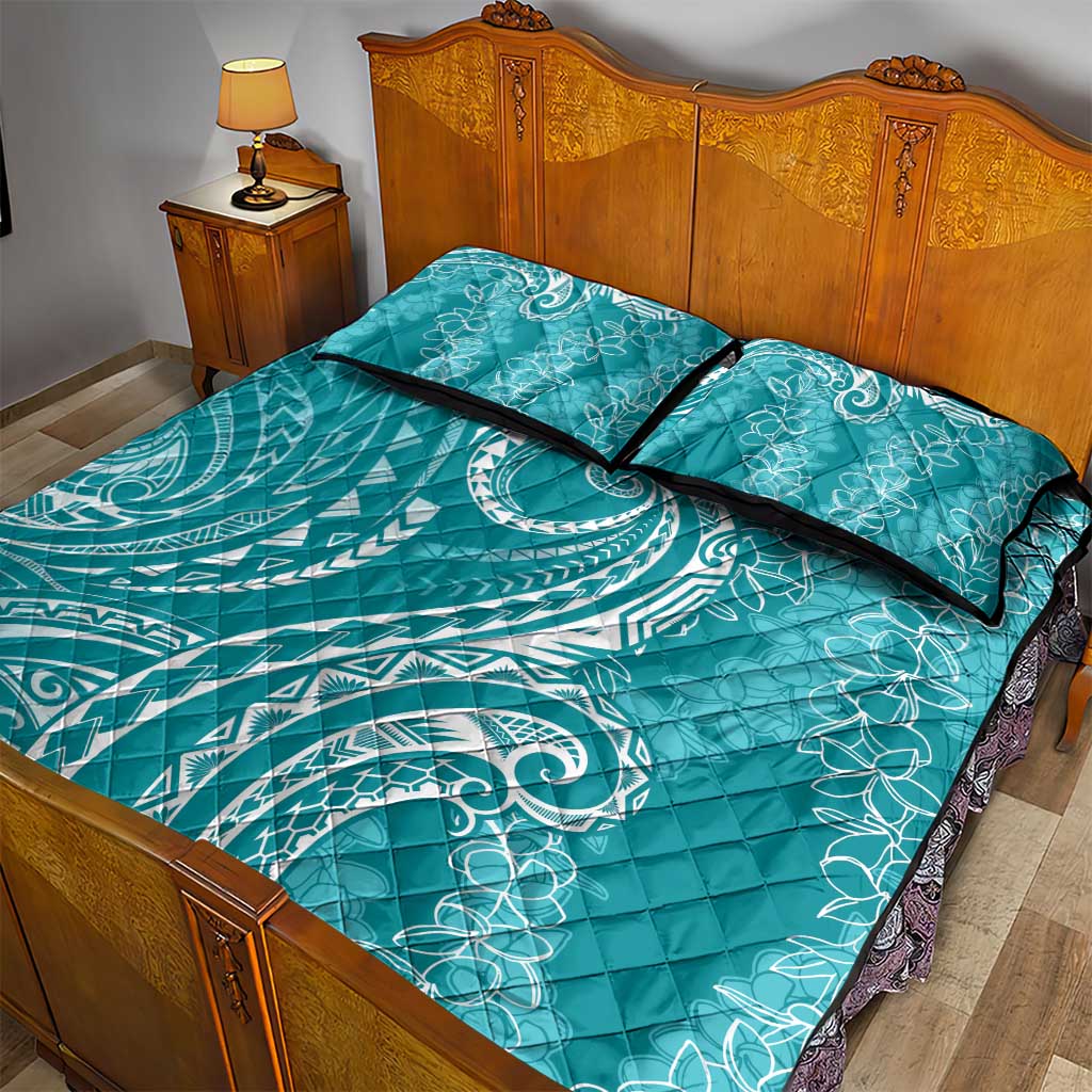 Polynesia Plumeria Lei Quilt Bed Set Teal Curves Motif