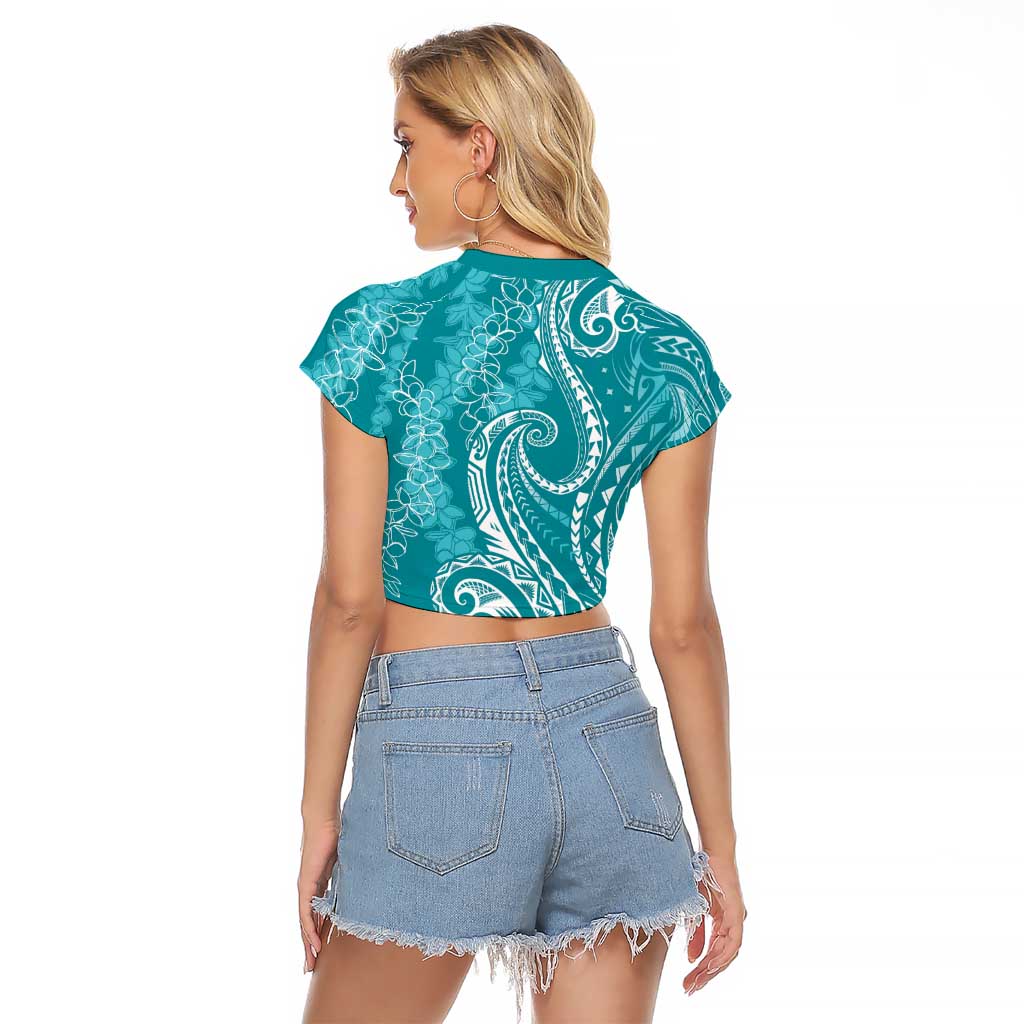 Polynesia Plumeria Lei Raglan Cropped T Shirt Teal Curves Motif LT7 - Polynesian Pride