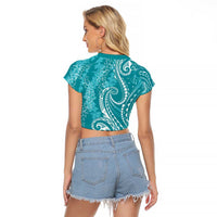 Polynesia Plumeria Lei Raglan Cropped T Shirt Teal Curves Motif LT7 - Polynesian Pride