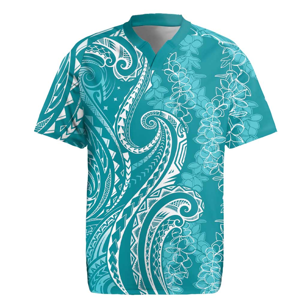 Polynesia Plumeria Lei Rugby Jersey Teal Curves Motif