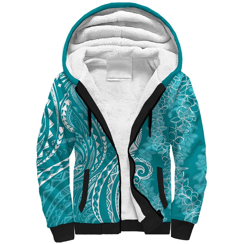 Polynesia Plumeria Lei Sherpa Hoodie Teal Curves Motif