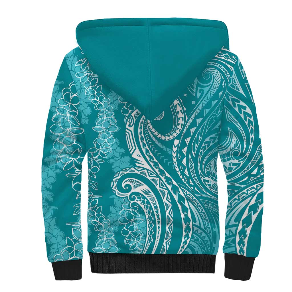 Polynesia Plumeria Lei Sherpa Hoodie Teal Curves Motif
