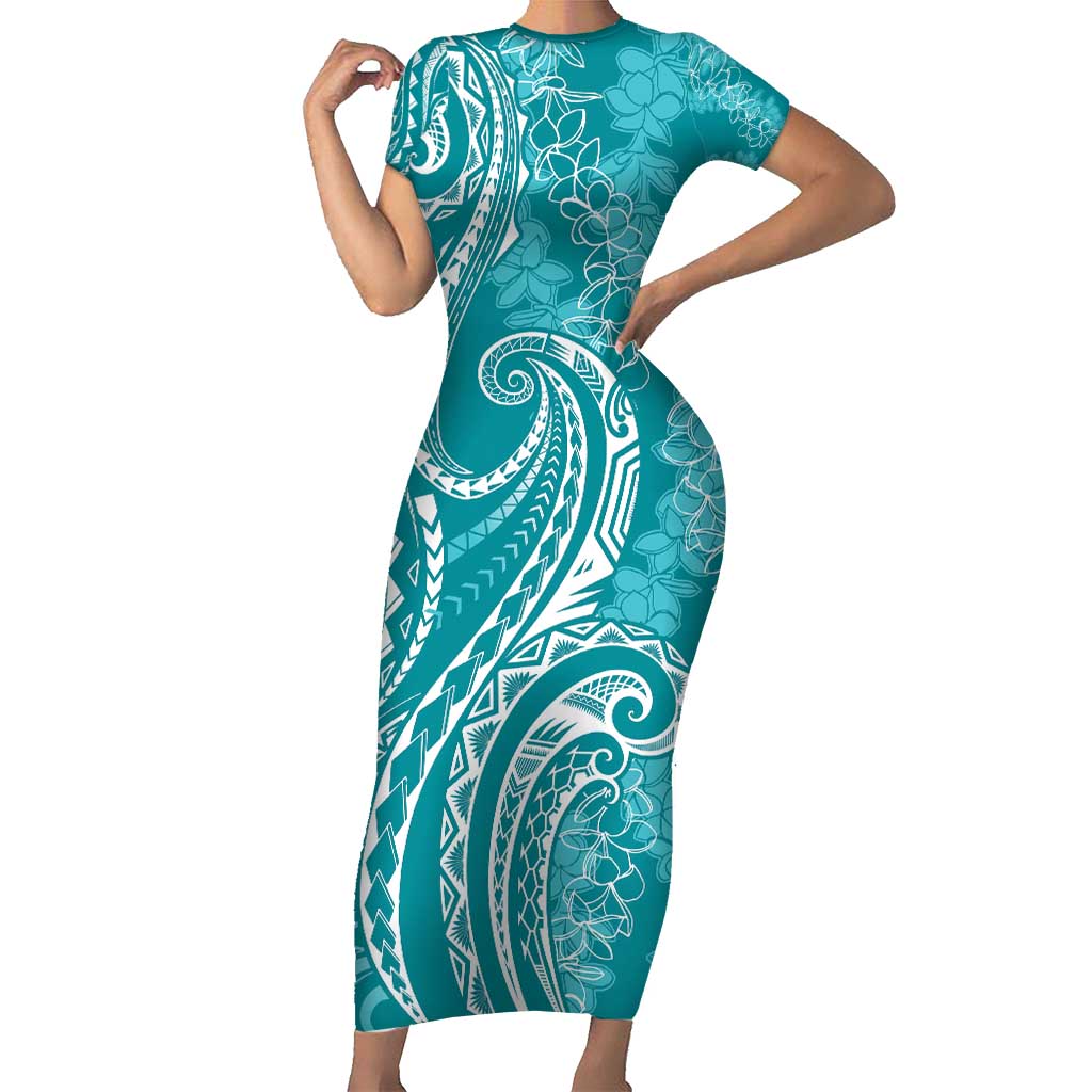 Polynesia Plumeria Lei Short Sleeve Bodycon Dress Teal Curves Motif
