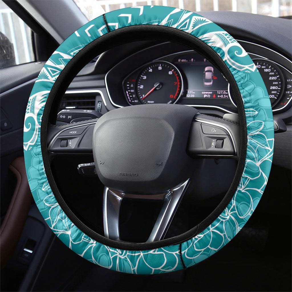 Polynesia Plumeria Lei Steering Wheel Cover Teal Curves Motif