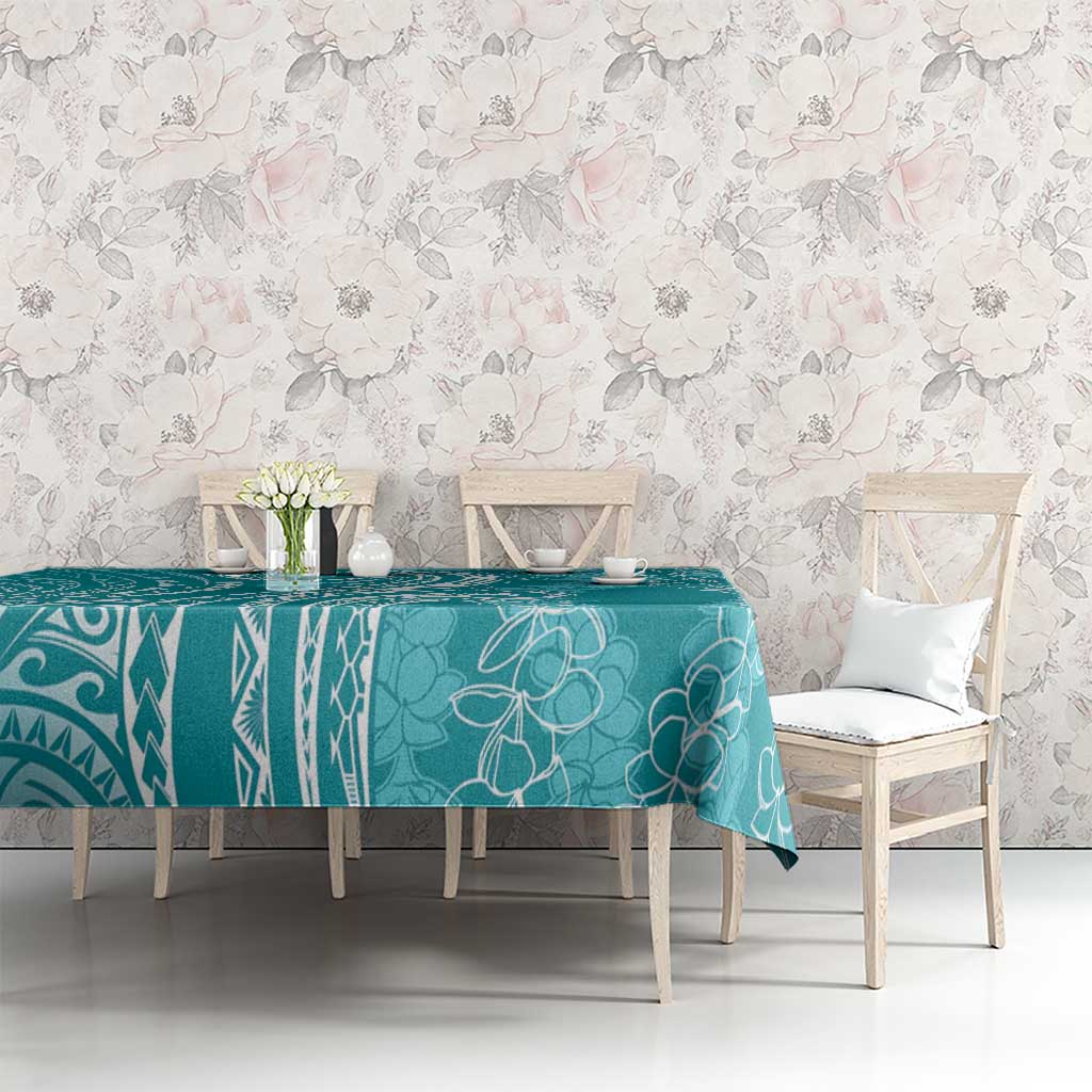 Polynesia Plumeria Lei Tablecloth Teal Curves Motif